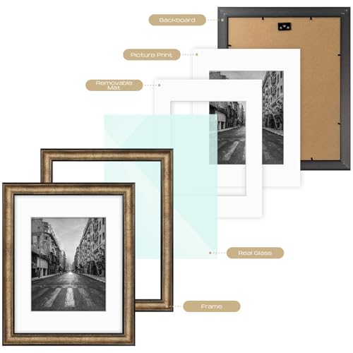 Golden State Art, 11x14 Photo Frame with Mat for Pictures 8x10 and Real Glass (Dark Gold Brown & Bronze Pewter Panel with ...