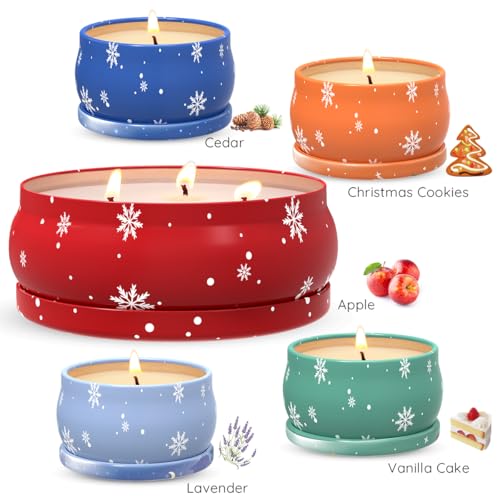 Set of 5 Christmas Themed Scented Candles Gift Set for Women, Natural Soy Wax Aromatherapy Candles for Home Decor - Lavend...