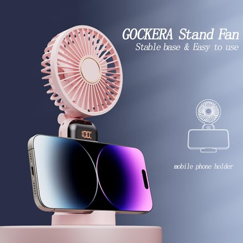 GOCKERA Portable Fan, 4200mAh Battery Operated Fan, 5 Speeds&Digital Display, Makeup Fans for Women with Base, 180°Foldabl...