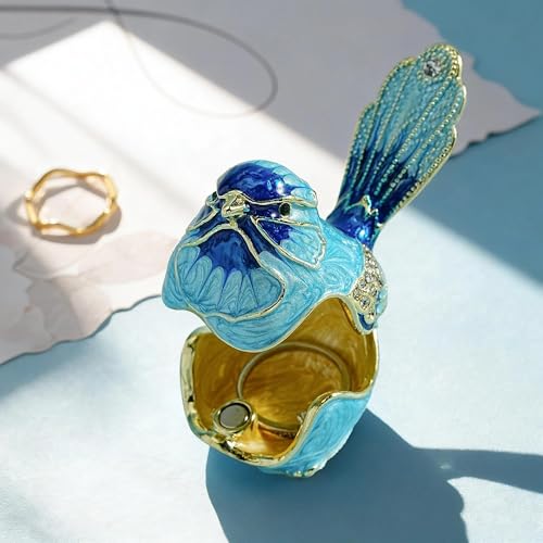 YU FENG Enamel Bird Trinket Box Jewelry Organizer, Hand Painted Decorative Hinged Keepsake Box – Blue Bird