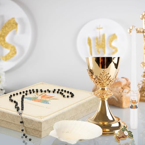Conelist 7 Pcs First Communion Gift Box Set Catholic Holy 1st Communion Baptism Kit with Candle Rosary Lapel Pin Prayer Ca...