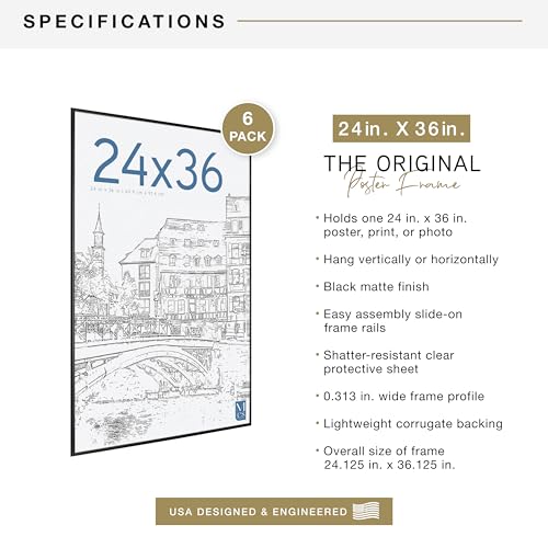 MCS Original Poster Frame 24x36 Black Lightweight Vertical & Horizontal Wall Hanging Large Picture Frame for Posters, Art ...