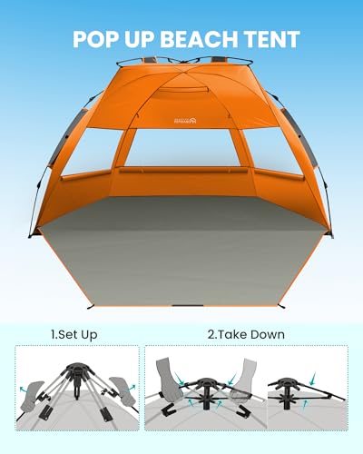 OutdoorMaster Beach Tent Sun Shelter for 3-4 Person, Pop Up Beach Tent Easy Setup with Sandbags, Portable Sun Shade Canopy...