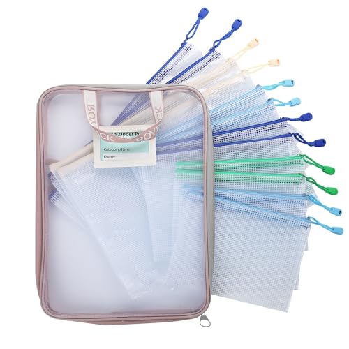 ROYPACK 12-Pack Mesh Zipper Pouch Set with 1 Organizer Bag, 3 Sizes (A4, A5, B6) Clear Waterproof File Bags for Travel Org...