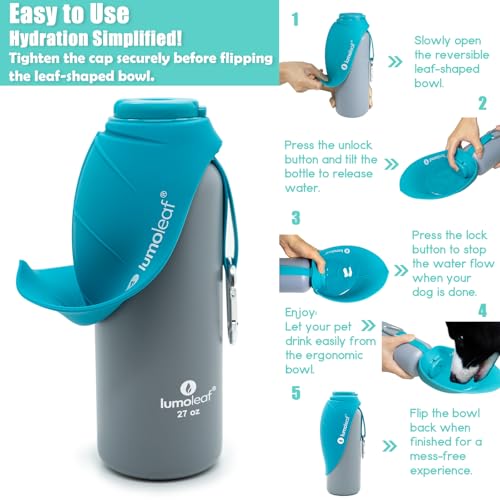 LumoLeaf Insulated Dog Water Bottle 27 oz Stainless Steel - Keep Water Cool or Warm, Portable Pet Water Bowl for Travel, W...