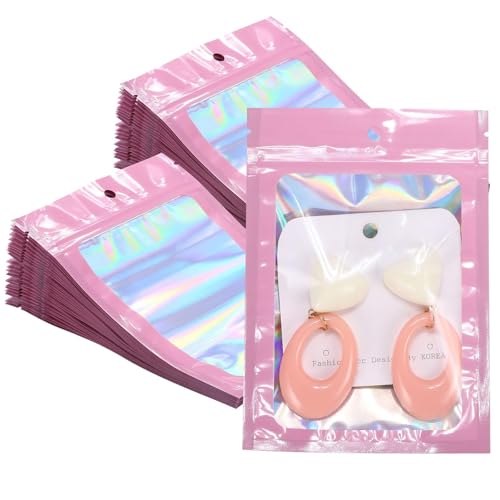 100Pcs 3x4.7 Inch Pink Holographic Bags | Resealable Mylar Pouches for Packaging, Jewelry Storage, Gummies, Cookies & Part...