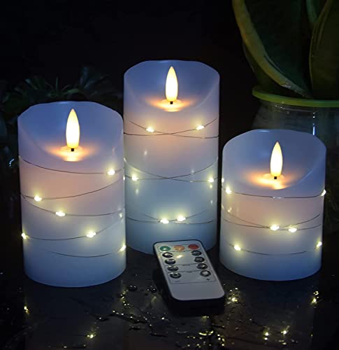 danip Sky Blue LED Flameless Candle with Embedded Starlight String, 3 LED Candles, 11 Key Remote Control, 24 Hour Timer Fu...
