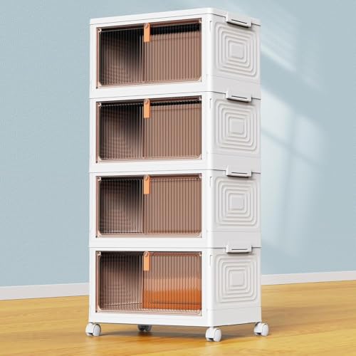 YFXCVSL 4 Tier Plastic Storage Bins with Lid 23QT, Stackable Storage Containers with Wheels, Folding Storage Boxes, Stacka...