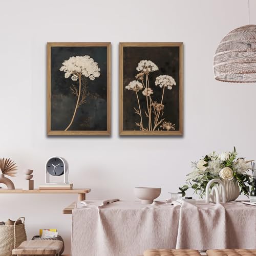 2Pcs Framed Moody Botanical Wall Art with Wood Frame Vintage Queen Anne’s Lace Flower Canvas Paintings Rustic Floral Poste...