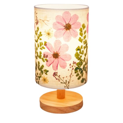 Floresita Dried Flowers Small Table Lamp 5W LED 3-Color Bedside Lamp Pressed Flowers Lampshade with Wood Base for Bedroom ...