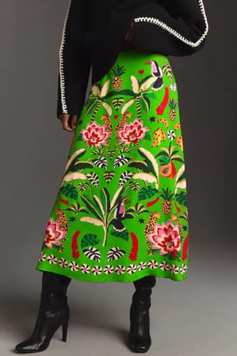 THLAI Womens Skirt Midi Skirt Tropical Plant Print Pink Zipper A-Line Long Skirts Spring Summer Skirt Floral