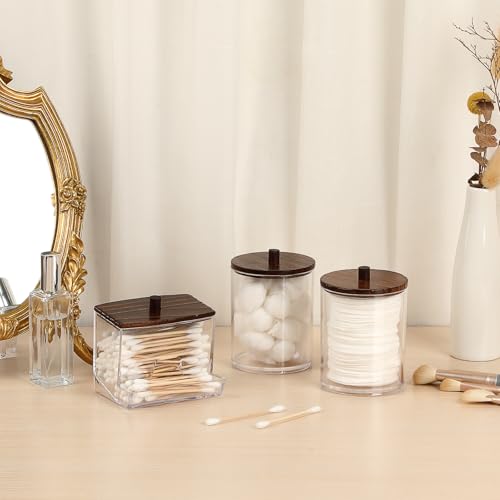 Hipiwe 3 Pack Acrylic Cotton Ball Holder Clear Qtip Holder Bathroom Canister Storage Box with Lid Apothecary Jars Makeup O...
