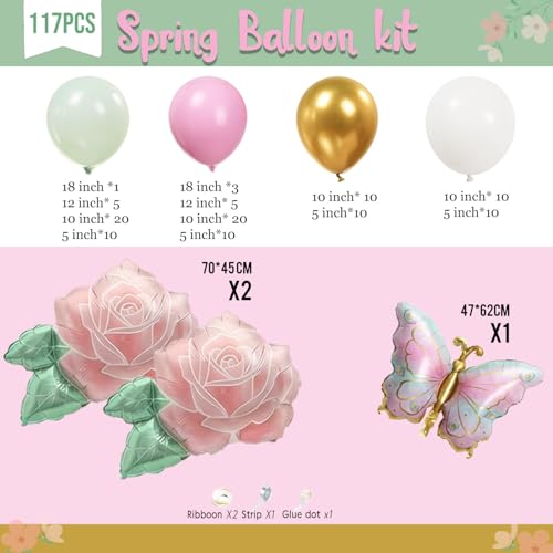 Spring Flower Balloon Garland Kit - 117Pcs Green Pink Gold Arch with Flower & Butterfly Foil Balloons | Baby in Bloom, But...
