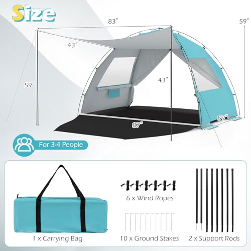 Tangkula 3/4/5/6 Person Pop Up Beach Tent with Canopy, UPF50+ Silver-Coated Lightweight Beach Sun Shelter with Extended Fl...