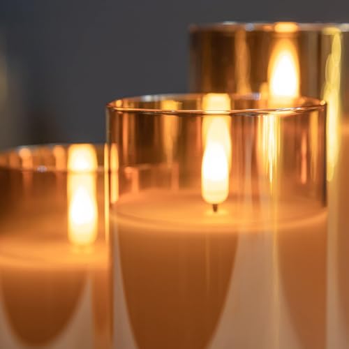 ANGELLOONG Gold Candles for Bathroom Decor, Glass Flameless Candles with Remote, Battery Operated LED Pillar Fake Candles ...