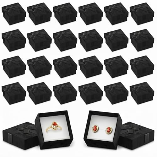 Set of 24 Black Ring Gift Box - Elegant Design Jewelry Gift Boxes, Small Earring Box for Present with Ribbon Knot & Foam U...