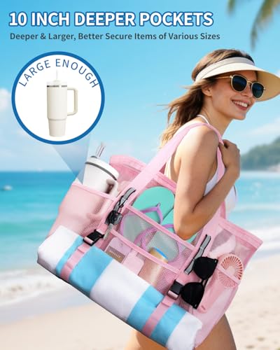 WANDF Mesh Beach Bag for Women, Large Beach Tote Bags with 40oz Tumbler Side Pockets, Family Pool Bag for Swim Toys Towels...