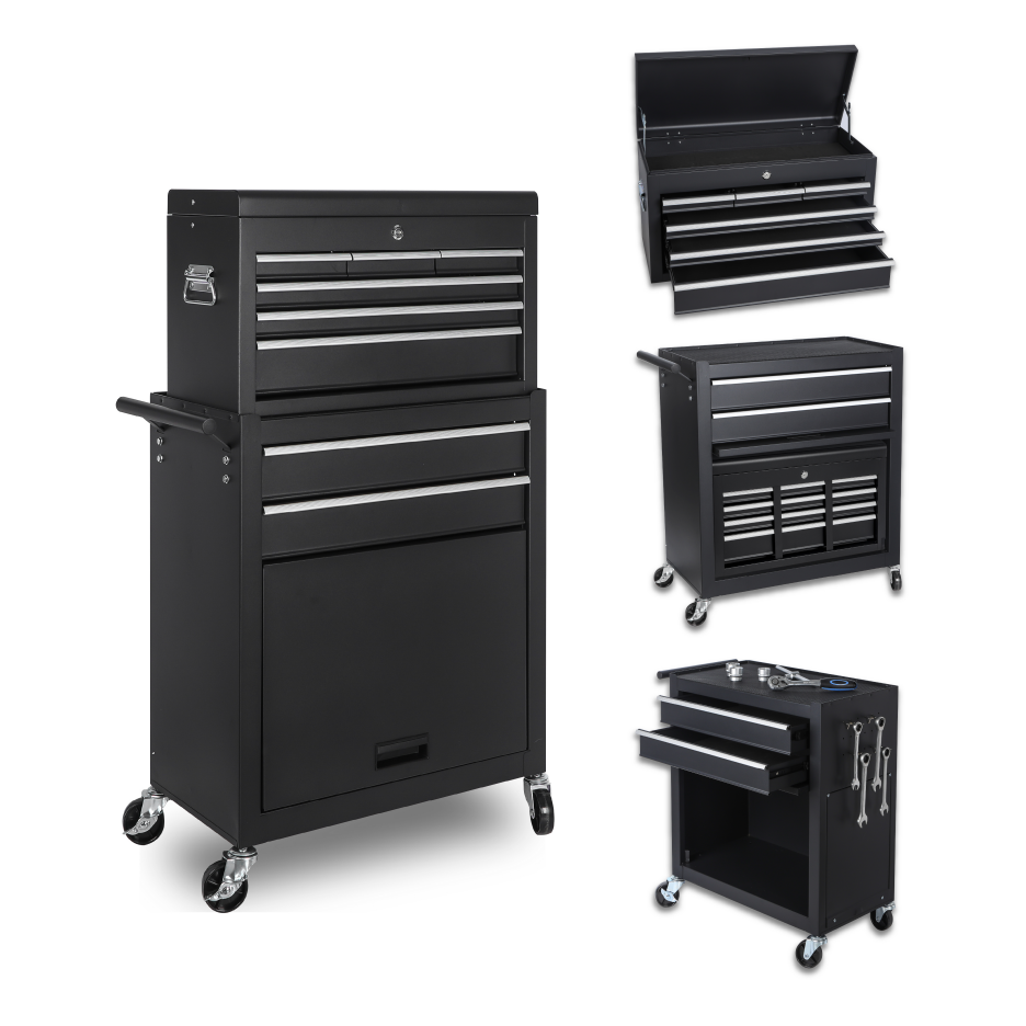 Tool Chest, 8-Drawer Rolling Tool Storage Cabinet With 2 In 1 Detachable Top Tool Box, Liner, Lockable Wheels, Side Hooks, Locking Mechanism, Metal Tool Cart For Garage