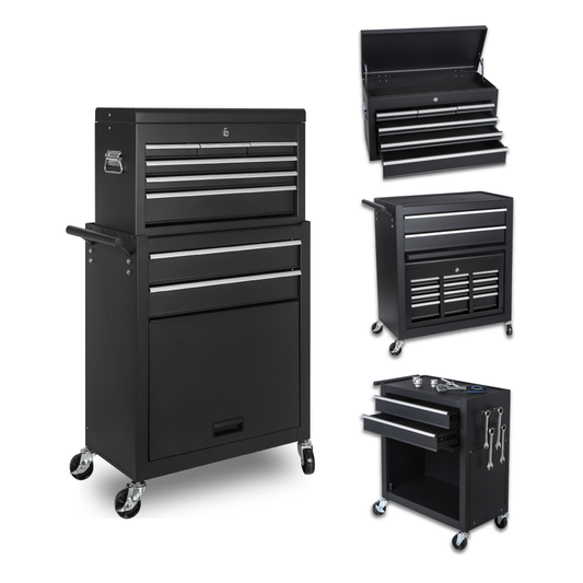 Tool Chest, 8-Drawer Rolling Tool Storage Cabinet With 2 In 1 Detachable Top Tool Box, Liner, Lockable Wheels, Side Hooks, Locking Mechanism, Metal Tool Cart For Garage