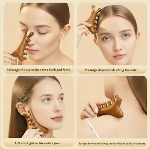 SerniaXin 4-in-1 Natural Sandalwood Gua Sha Massage Tool - Head, Face, Eye Nose Massage & Jawline Sculpting - Full Body Ly...