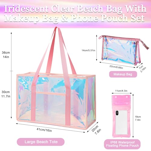 Cyrelwing 3PCS Iridescent Beach Tote Bag for Women Large Waterproof Beach Tote Bag for Swim Pool Summer Travel Vacation