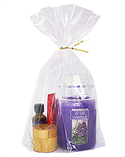 Wowfit 50 CT 12x16 inches Large Clear Bottom Gusset Cellophane Gift Bags with 6" Gold Twist Ties, Cello Packaging for Baby...