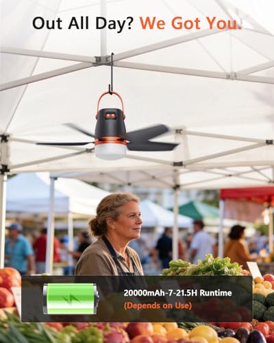 AURATHEA 20” Canopy Fan with Lights, 20000mAh Battery Operated Ceiling Fan, Portable Outdoor Camping Fan with Remote Contr...