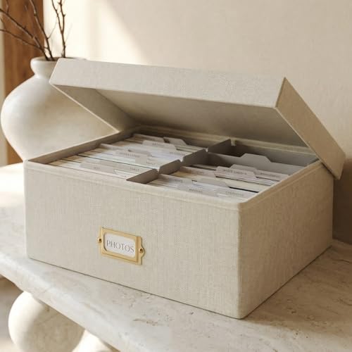 ZICOTO Decorative Photo Storage Box - Sturdy Linen Photo Organizer with Dividers is Perfect to Store Up to 1700 Pictures a...