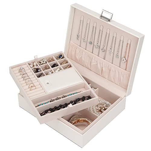 ATAIMEISEN Jewelry Organizer Box for Girls Women - Double Layer Large Travel Jewelry Case with Gift Box/White