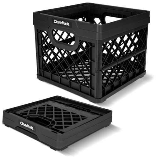 CleverMade Collapsible Milk Crate 25L (6.6 Gal), 50 lb Capacity Heavy Duty Folding Crate – Stackable Storage Crates with F...
