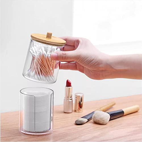 WJASI Qtip Holder Dispenser with Cotton Pads Jar Set Bamboo Lid Stackable Bathroom Counter Acrylic Organizer to Storage Co...
