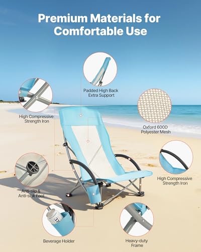 VEVOR Folding Beach Chair, High Back Camping Chairs for Adults, with Cup Pocket, Mesh Back, Carry Bag, Portable Extra Wide...