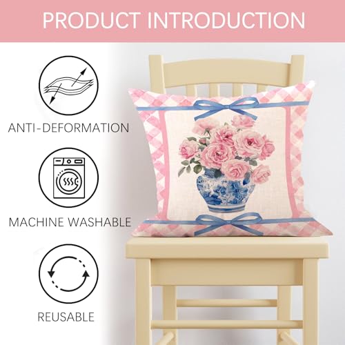 Fjfz Pink Rose Flower Bow Decorative Throw Pillow Covers 18 x 18 Set of 2, Chinoiserie Blue and White Porcelain Floral Coq...