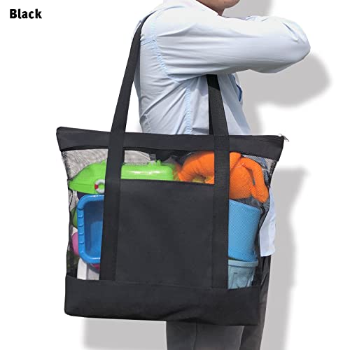 hsmyank 2Pack Lightweight Mesh Tote Bag,Sandproof Beach Bags with Zipper &Double Pocket For Groceries,Poolside,Travel,Towels