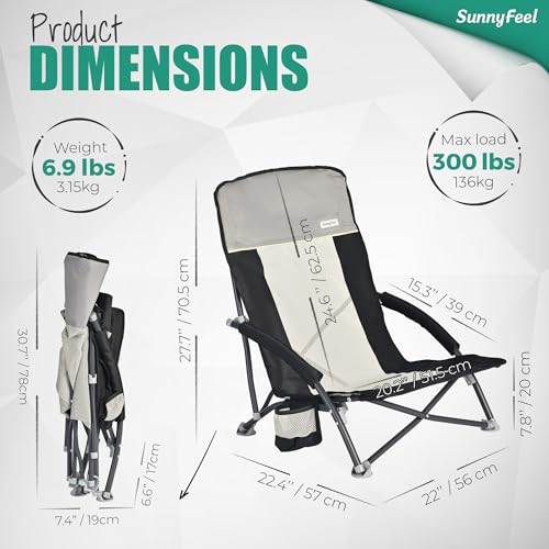 SUNNYFEEL Folding Low Camping Beach Chair 2 Pack, Lightweight Portable Lawn Chair with Mesh Back, Cup Holder for Outdoor/T...