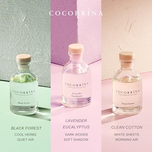 COCORRÍNA Eucalyptus Reed Diffuser Set of 3 - Lavender Eucalyptus, Black Forest, Clean Cotton Scents, 1.7 fl oz Each, Tota...