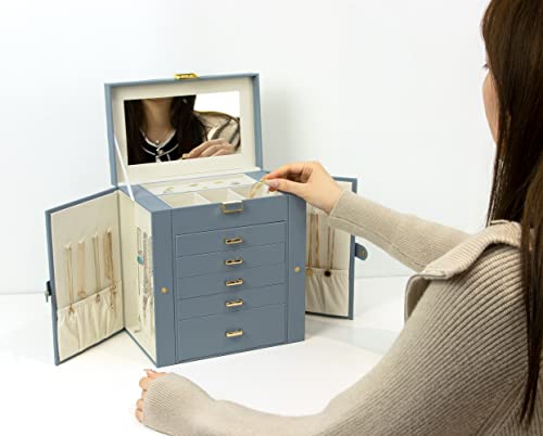 KAMIER Jewelry Box for Women, 6-Layer Large Jewelry Organizer Box with Mirror & 5 Drawers for Rings, Earrings, Necklaces, ...