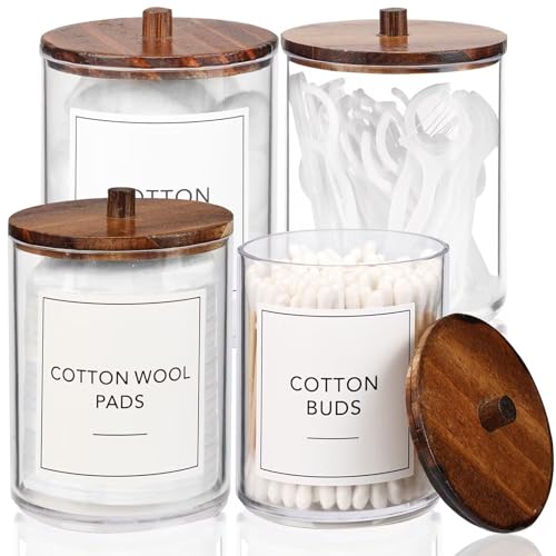 4 Pack Qtip Holder Dispenser with Wood Lids - 10 oz Clear Plastic Apothecary Jar Containers for Vanity Makeup Organizer St...