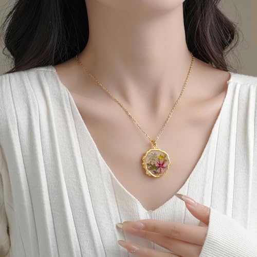 Hefestus Birth Flower Necklaces for Women,1-12 Month Real Pressed Flower Necklace,Boho-Style Personalized Jewelry, Handmad...