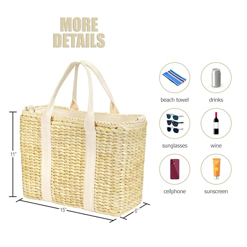Daytani Insulated Beach Cooler Bag, Leak Proof, Premium Quality Corn Husk, Beach Bag, Pool Bag, Tote Bag, Straw, Rattan, G...