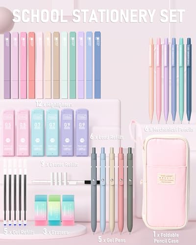 Four Candies 39 PCS Aesthetic School Supplies with Cute Pen Case, 12 Pastel Highlighters, 5 Black Ink Gel Pens, 6 Mechanic...