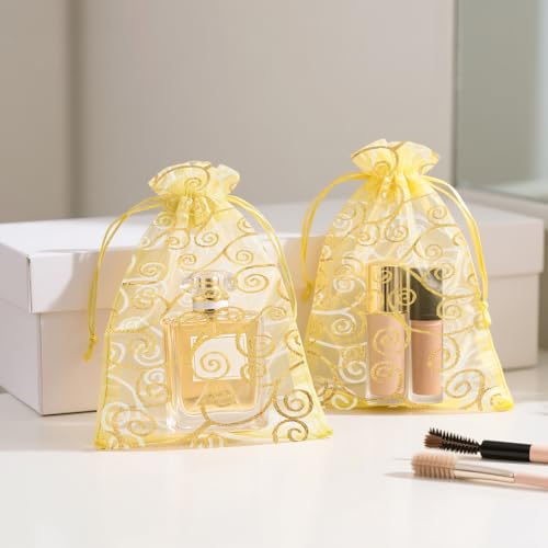 G2PLUS Organza Gift Bags 5x7 Inches - 50Pcs Sheer Mesh Organza Bags with Gold Rattan Printed, Drawstring Tulle Jewelry Pou...