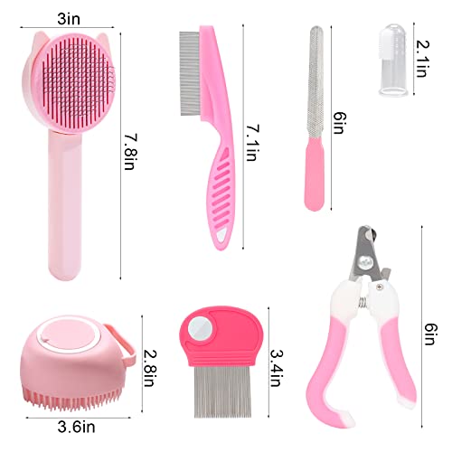 VCZONE 8 Pcs Cat Brush Grooming Kits, Pet Self Cleaning Kit with Pet Nail Clipper and File, Flea Comb, Pet Shampoo Bath Br...