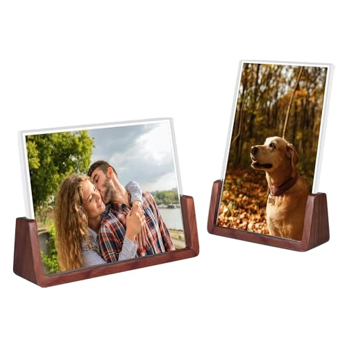 Komimaci 4x6 Picture Frame - 2 Pack, Rustic Wooden Photo Frame with Walnut Wood Base and High Definition Acrylic Glass Cov...