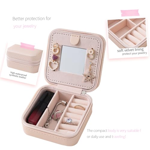 KElofoN Travel jewelry case Travel jewelry box Travel Jewelry Organizer Small box Gift for Girls Women with Mirror(Pink)