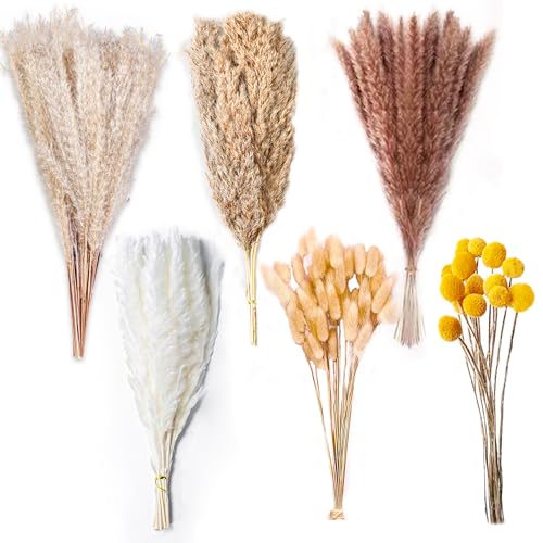 100PCS Natural Dried Pampas Grass Decor - 17.5" Fluffy Pampas Grass Bouquet - Boho Home Decor Dried Flowers for Wedding Fl...