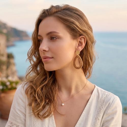 4 Pairs Raffia Rattan Bohemian Earrings for Women, Tropical Bohemian Straw Dangle Earrings Boho Summer Beach Earrings Summ...