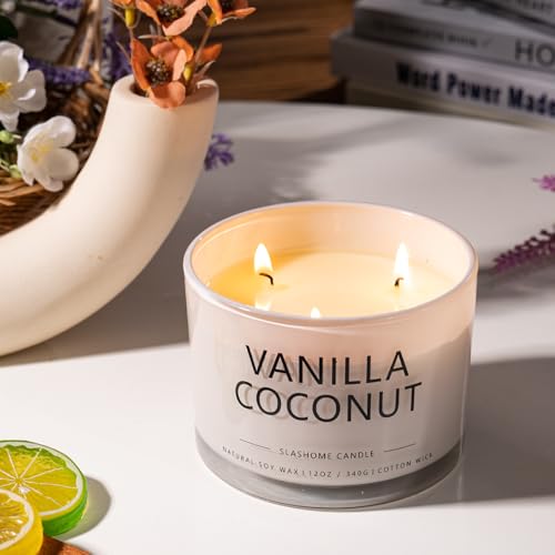 Vanilla Coconut Scented Candle, Luxury Large 3 Wick Soy Candle 12 Oz, 60+ Hour Long Lasting Clean Burn, Elegant Aromathera...