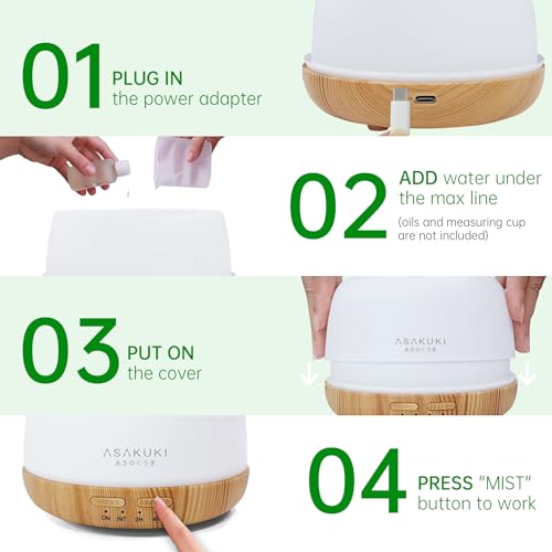 ASAKUKI Essential Oil Diffuser, 300ml Ultrasonic Aromatherapy Oil Humidifier with 7 Colors LED Lights, 2 Mist Mode for Hom...
