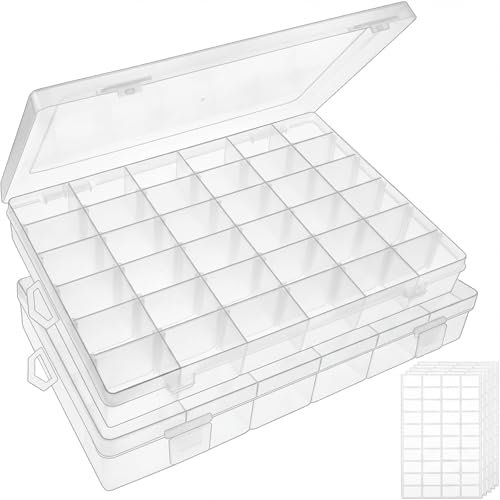 OUTUXED 2 Pack 36 Grids Clear Plastic Bead Organizer Box, Fishing Tackle Box Compartment Organizer with Adjustable Divider...
